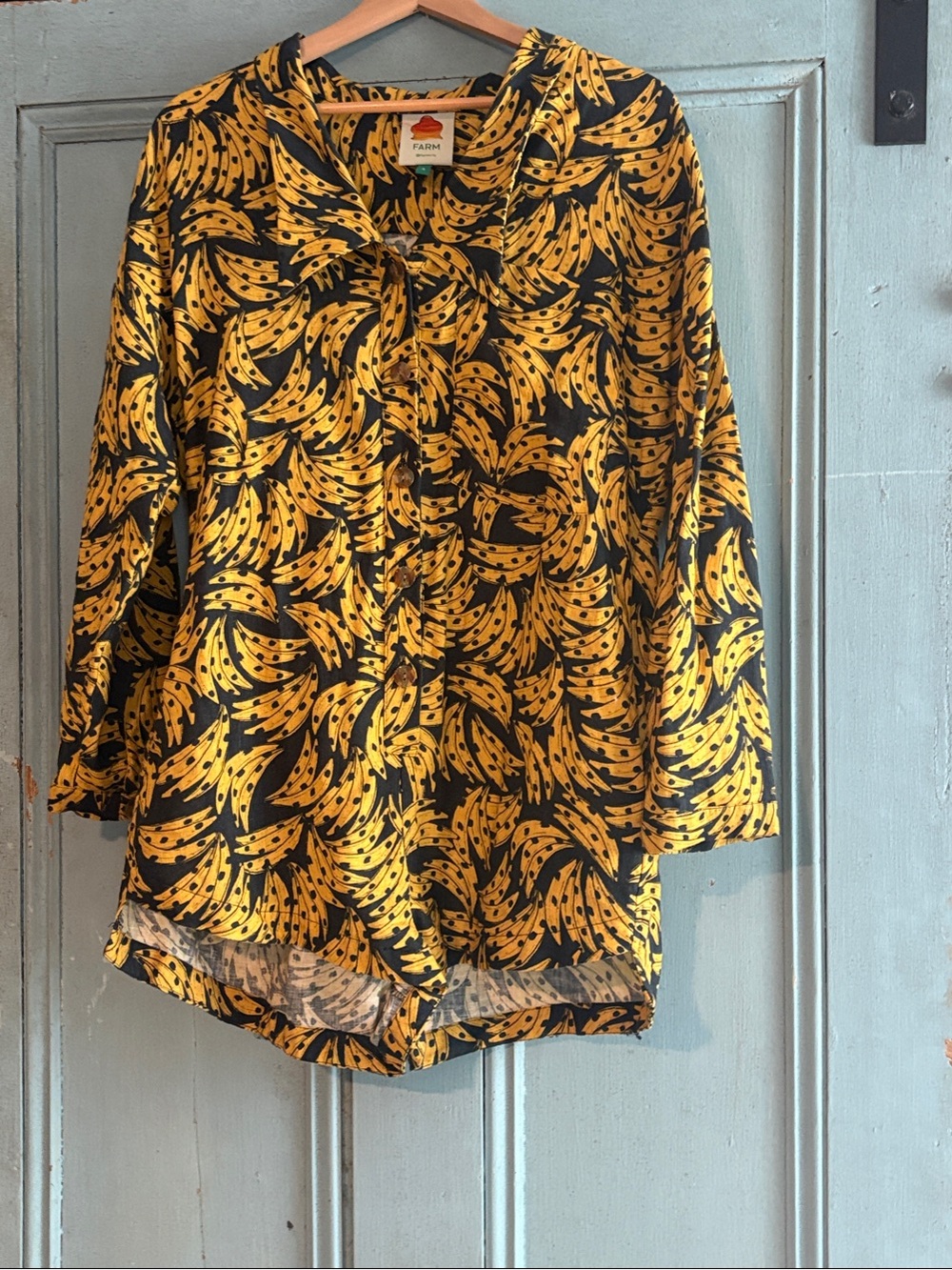 Farm Rio Black Spotted Bananas Linen Romper Small